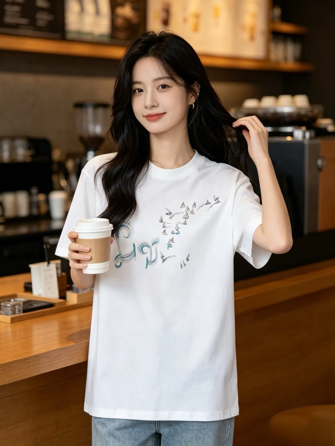 Louis Vuitton/Louis Vuitton gradient color thread sailboat and bird embroidery short sleeves